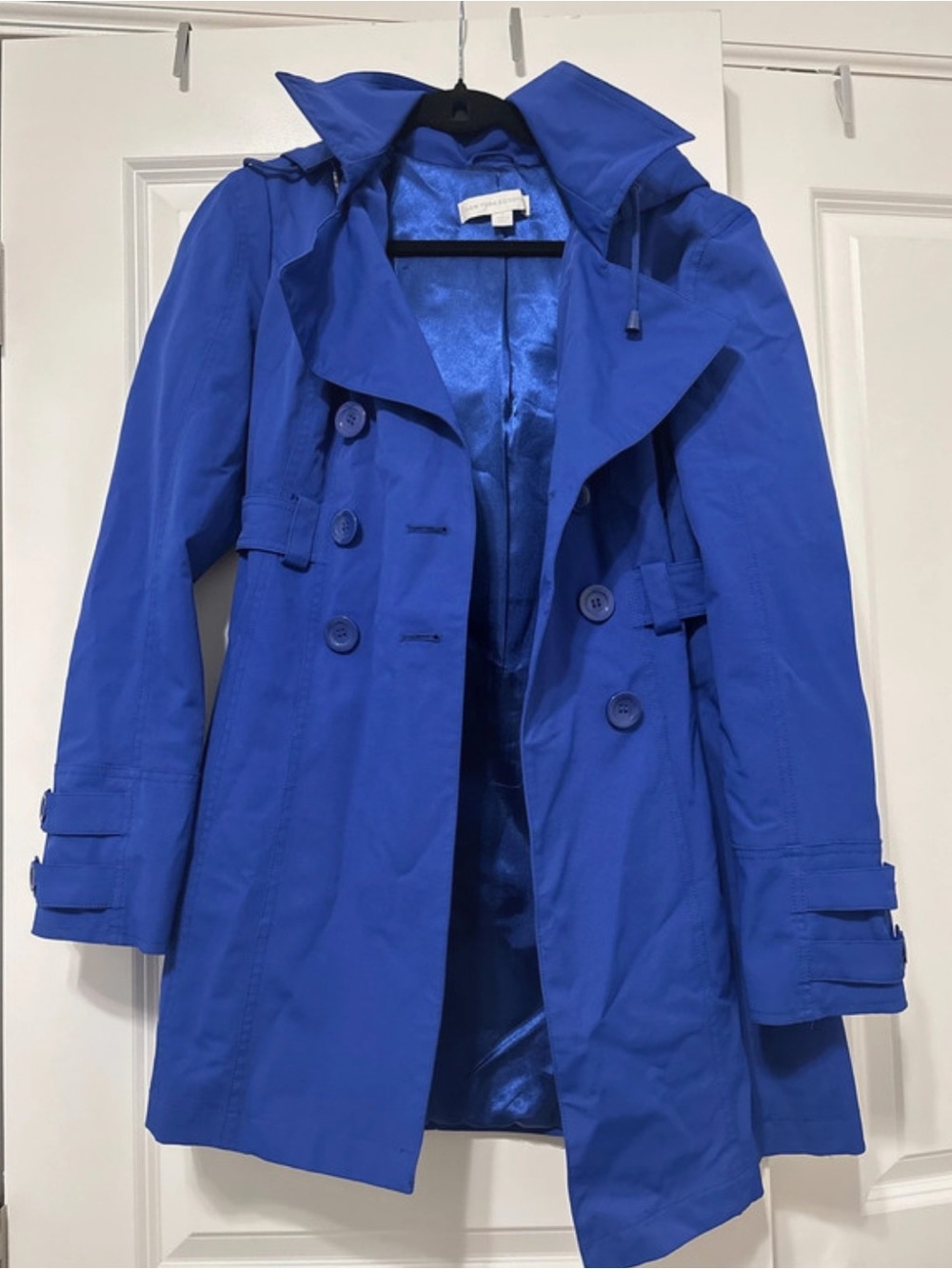New York & Company Cobalt Blue Double-Breasted Trench Coat